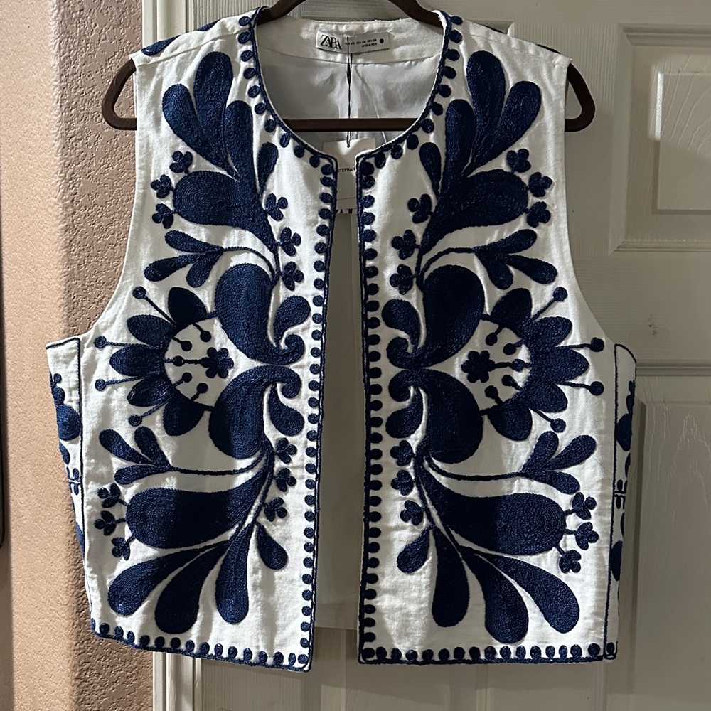 Zara White Vest with Navy Embroidery